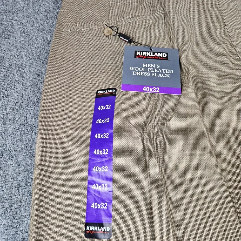 Kirkland Signature Mens 40x32 Wool Pleated Dress Slacks Tan Fancy Cuffed 709655